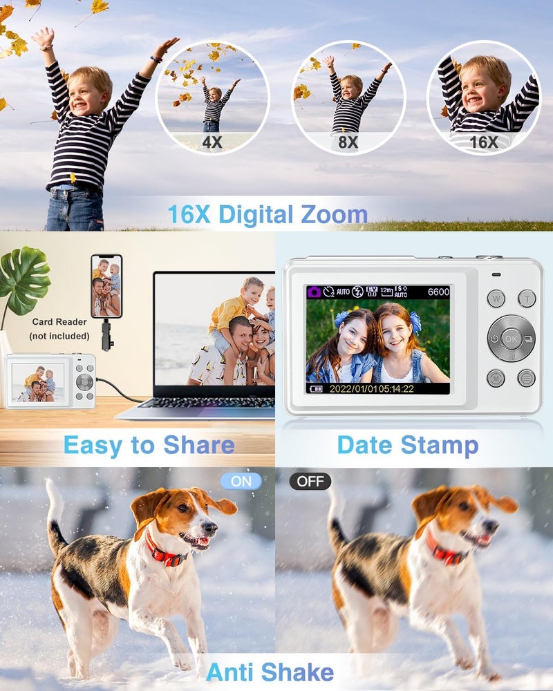 Lecran كاميرا رقمية، كاميرا أطفال FHD 1080P كاميرا نقطة وتصوير مع زوم 16X مضاد للاهتزاز، كاميرا صغيرة مدمجة للمبتدئين الأطفال الطلاب الفتيات الأولاد (أبيض لؤلؤي) - Image 3